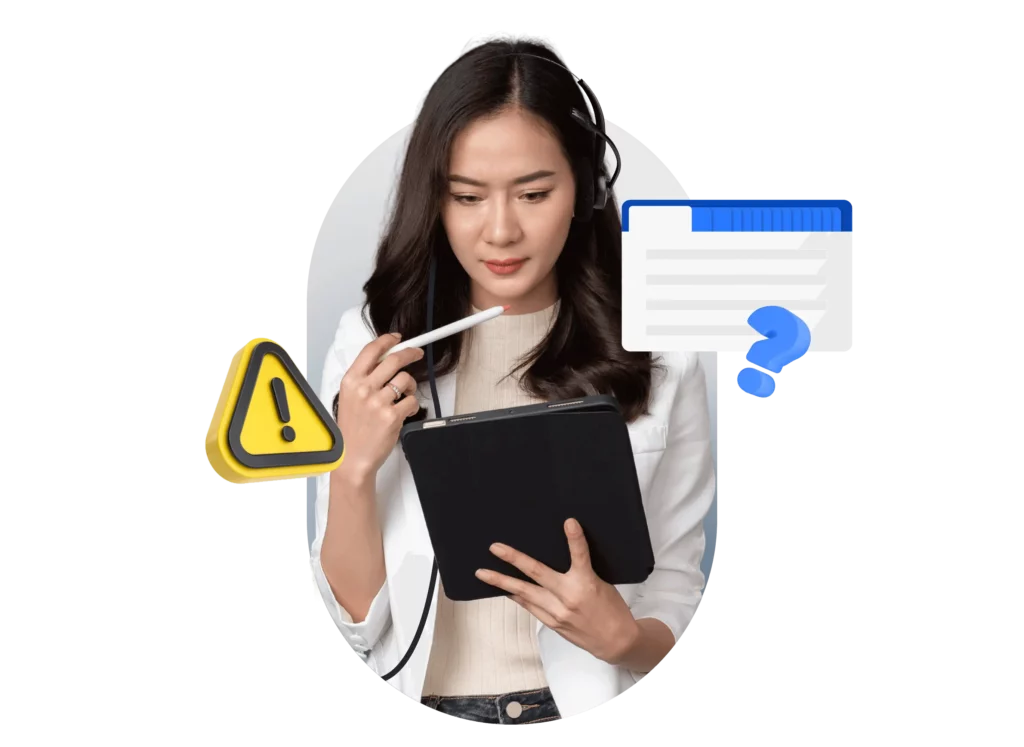 Seorang profesional dengan headphone memegang tablet, menunjukkan perhatian terhadap informasi penting, diiringi dengan simbol peringatan dan keterangan tambahan.