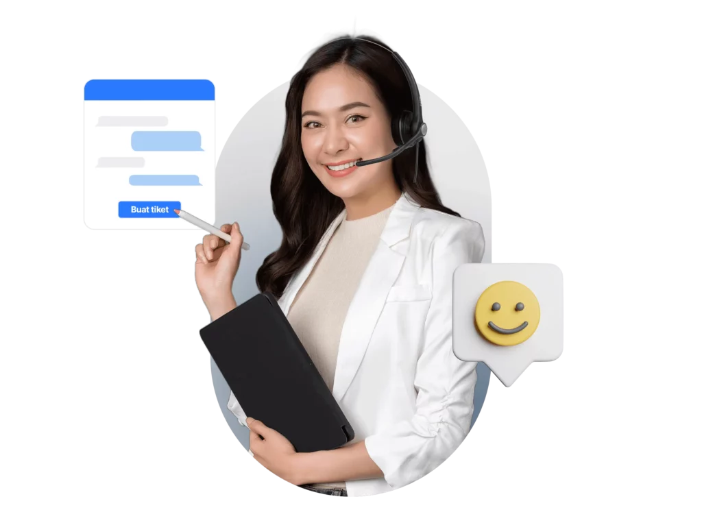 Seorang wanita profesional dengan headset mengarahkan pena ke tombol "Buat tiket" pada layar, menciptakan interaksi positif dalam konteks layanan pelanggan.