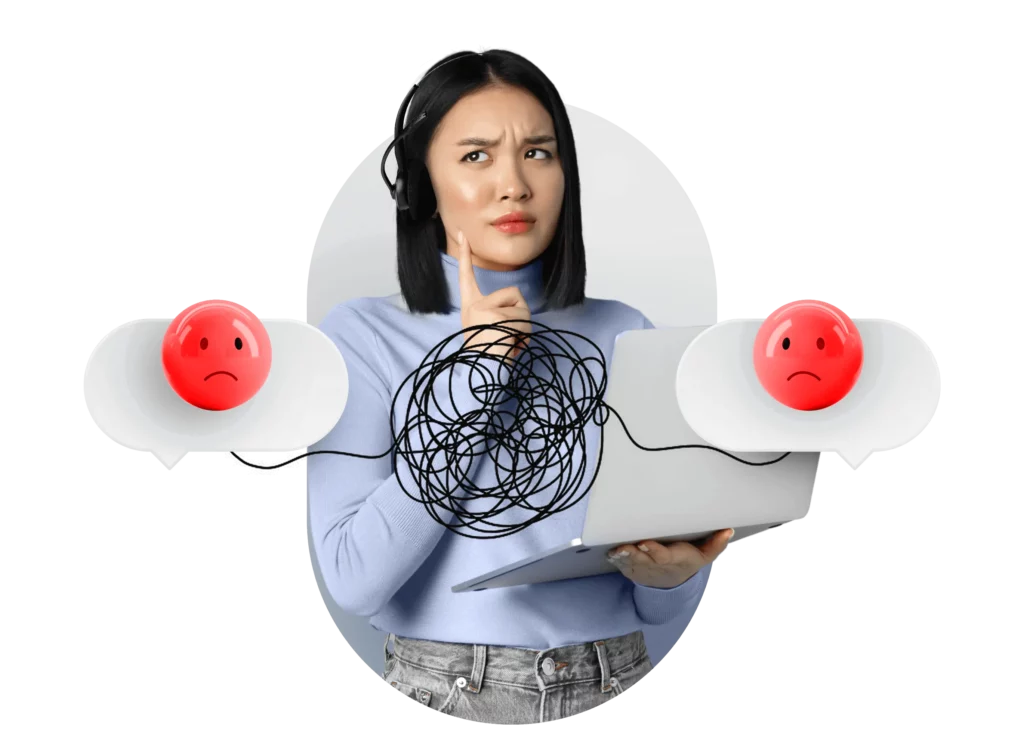 Seorang individu mengenakan headphone, memegang laptop sambil terlihat bingung. Ada dua ikon emosi negatif di kedua sisi, mencerminkan kebingungan yang dialami.