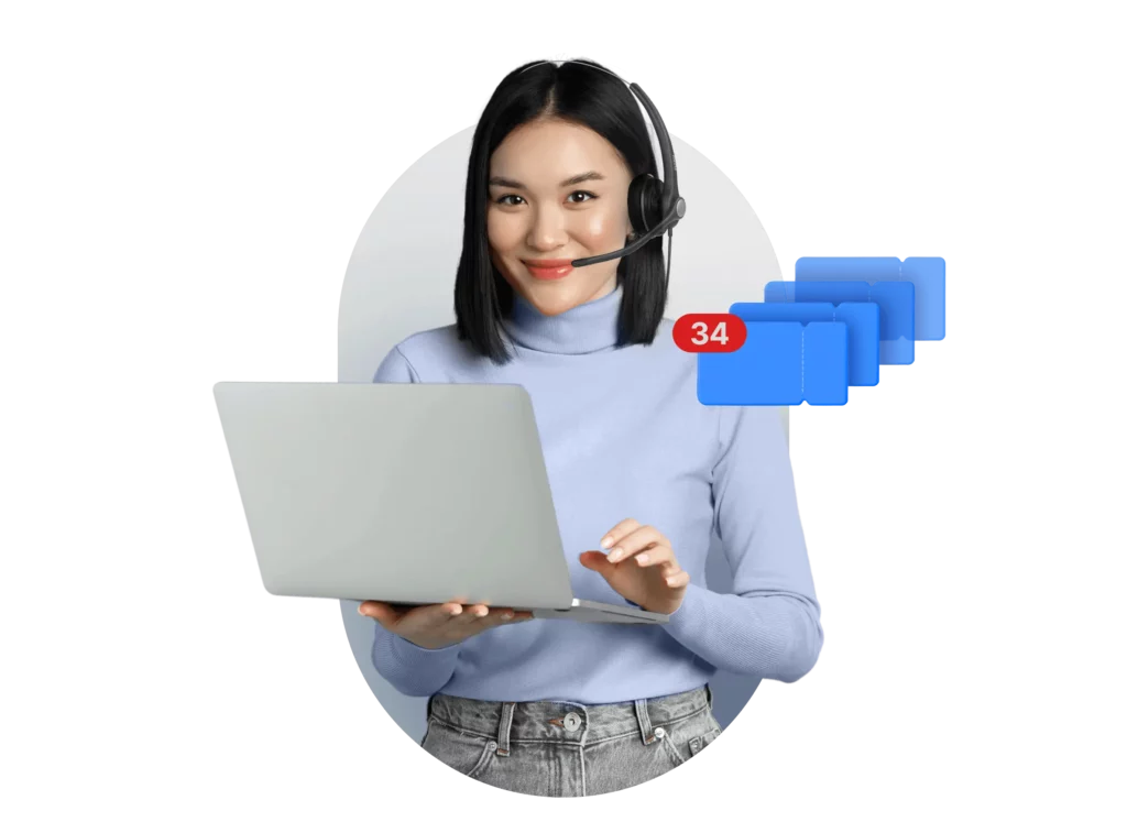 Seorang wanita mengenakan headset, sedang mengetik di laptop, dengan notifikasi file yang menumpuk di sisi kanan layar, menunjukkan aktivitas kerja.