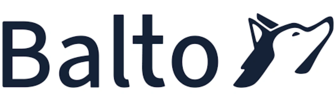 Logo merek "Balto" menampilkan teks yang khas dengan elemen desain menyerupai kepala serigala, menciptakan kesan modern di lingkungan digital.