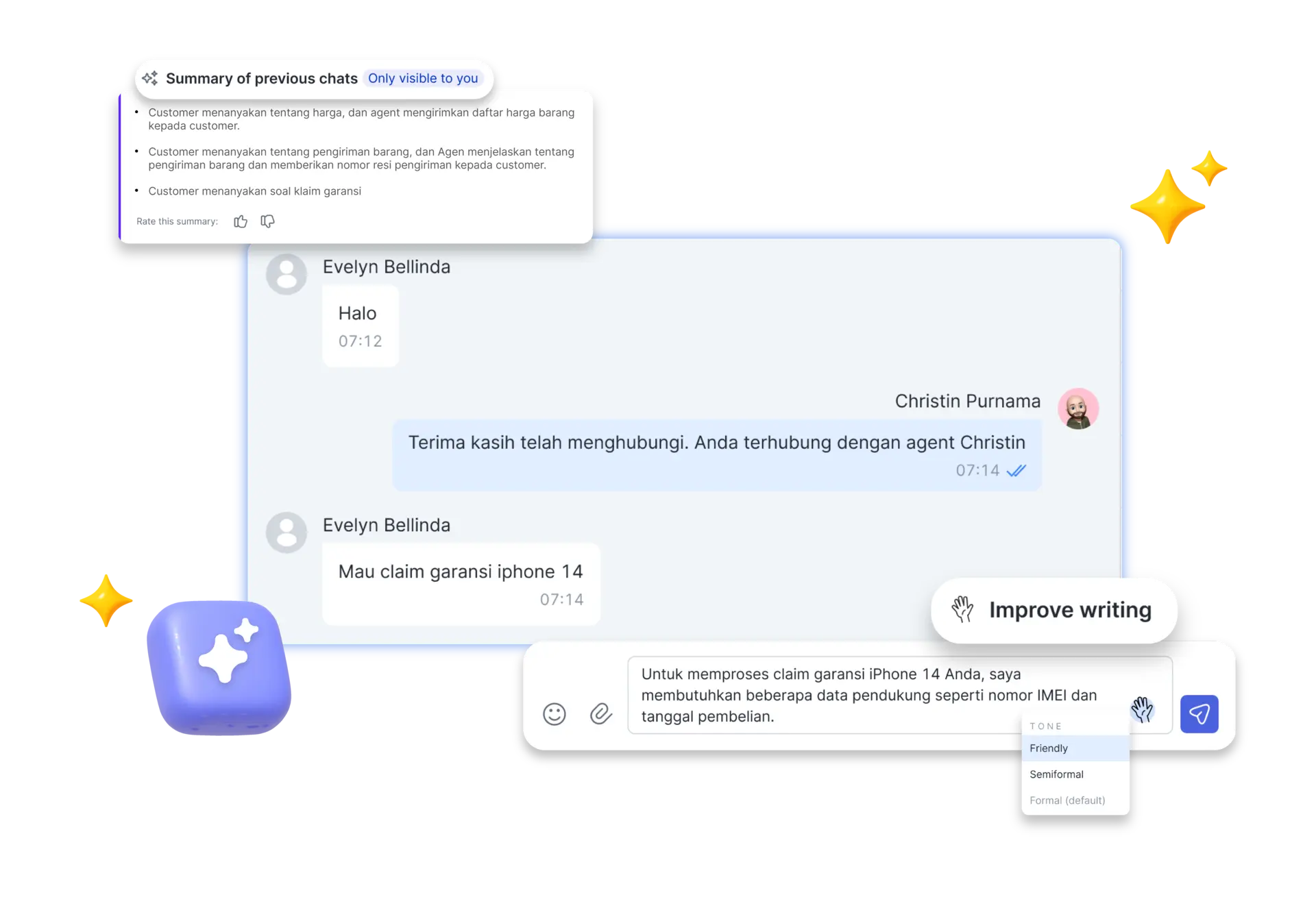 Layar obrolan menunjukkan percakapan antara pelanggan dan agen layanan, di mana pelanggan menanyakan garansi iPhone 14 dan menerima bantuan.