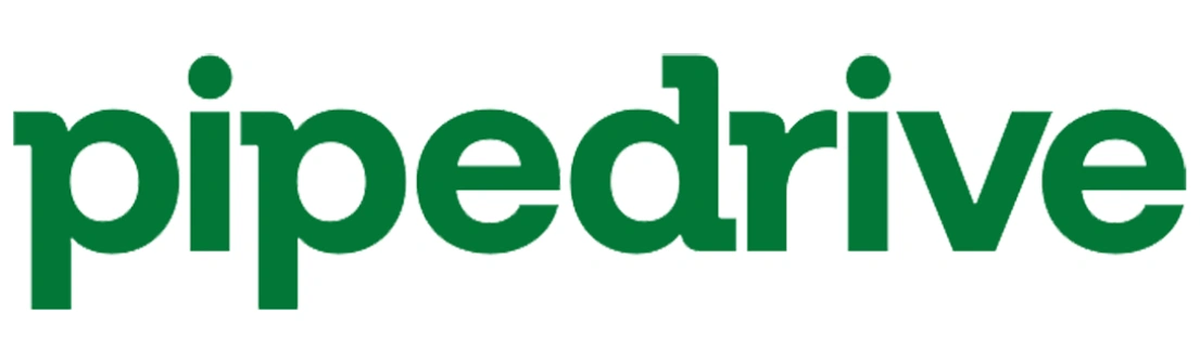 Logo berwarna hijau menampilkan kata "pipedrive" dengan huruf tebal, digunakan dalam konteks promosi perangkat lunak manajemen penjualan.