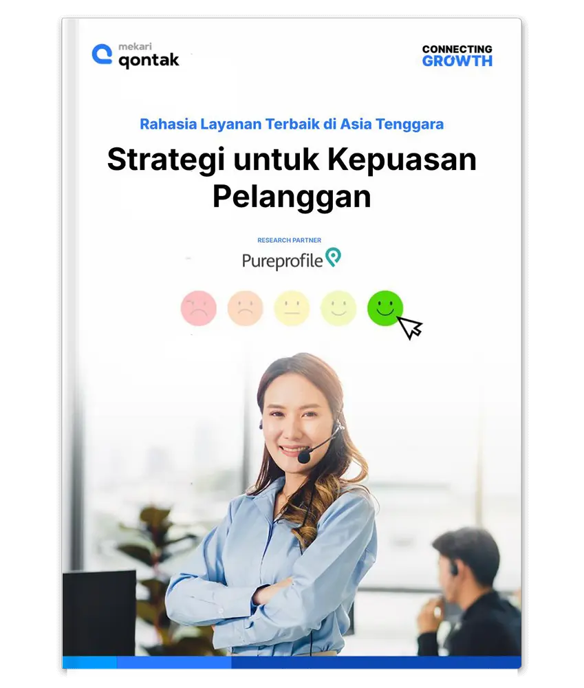 Buku ini membahas strategi untuk meningkatkan kepuasan pelanggan, dengan elemen visual berupa emosi beragam dan seorang wanita profesional di latar kantor.