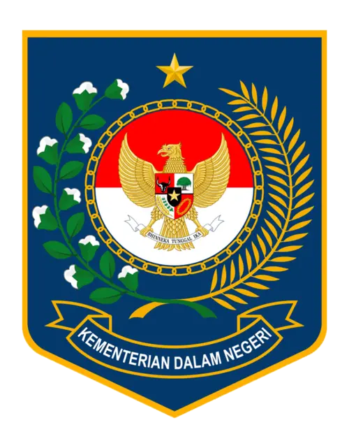 Lambang kementerian menampilkan Garuda Pancasila, simbol negara Indonesia, dikelilingi daun dan bunga, mencerminkan kewenangan dan identitas.