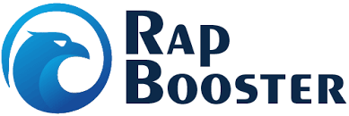 Simbol elang yang dinamis mengisyaratkan kekuatan dan kecepatan, diiringi teks "Rap Booster" yang menonjol dalam konteks teknologi atau peningkatan performa.