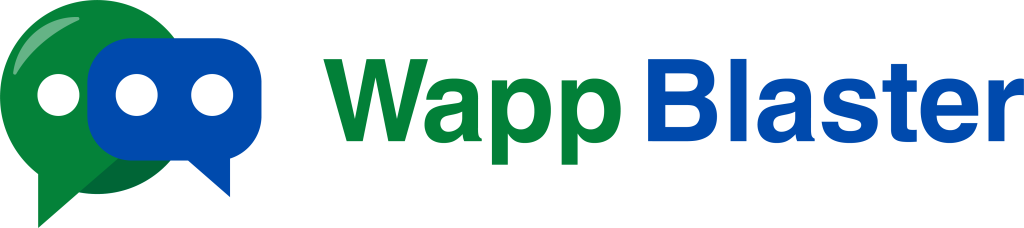 WappBlaster menampilkan logo dengan  ikon gelembung percakapan berwarna hijau dan biru, mewakili alat komunikasi digital yang inovatif.