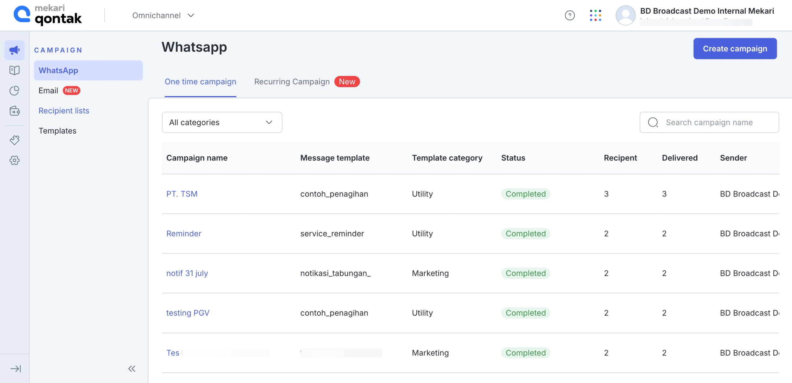 Mekari Qontak WhatsApp Blast Campaign Dashboard