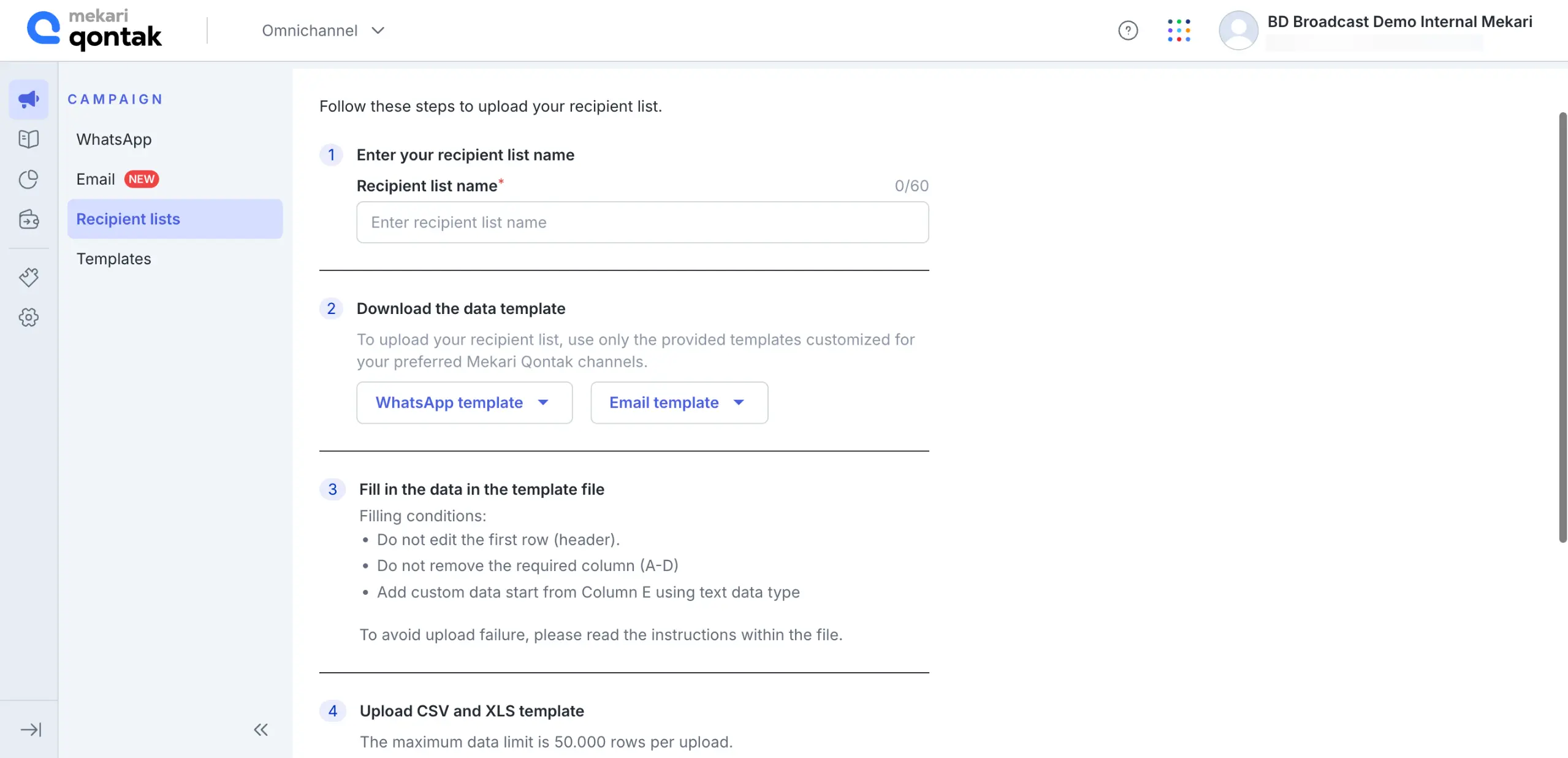 Mekari Qontak WhatsApp Blast Contact Import Dashboard