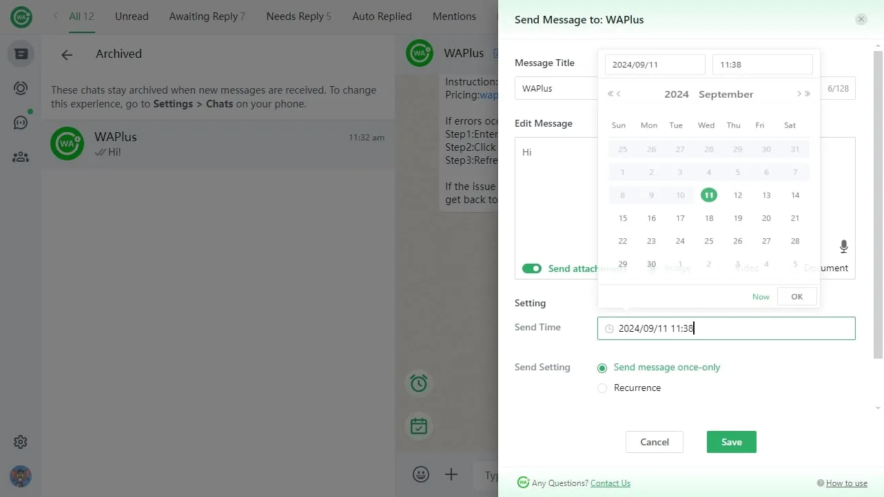 WAPlus WhatsApp Blast Vendor Message Schedule Dashboard