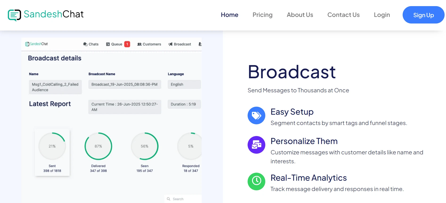 Enjay Sandesh Chat WhatsApp Blast Vendor Broadcast Feature Page