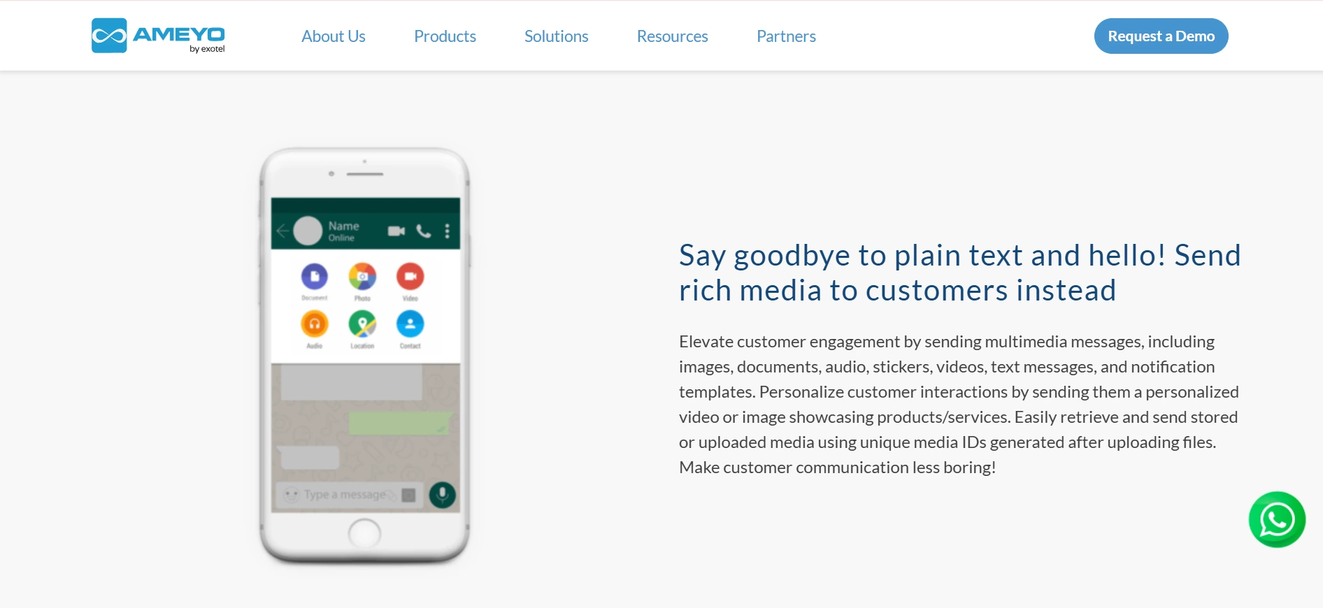 Ameyo WhatsApp Blast Vendor Media Sending Feature Page