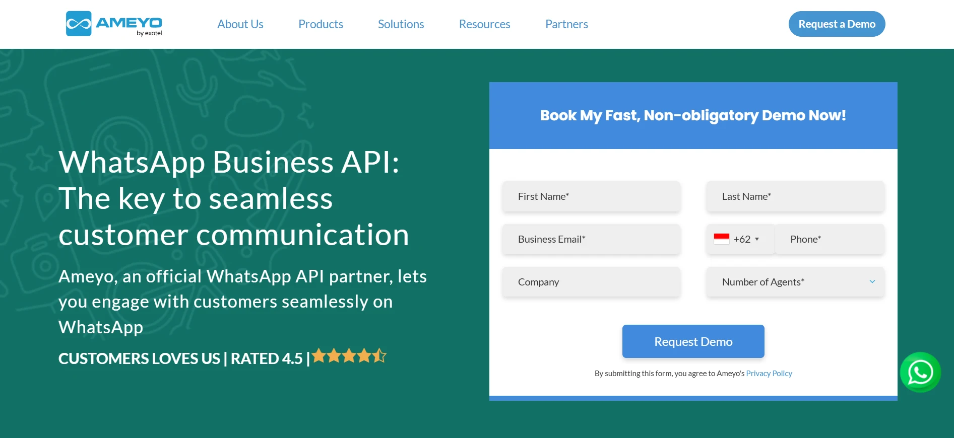 Ameyo WhatsApp Blast Vendor Landing Page