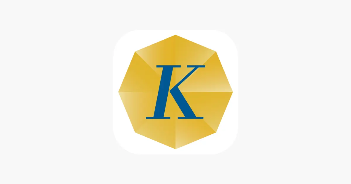Bentuk segi enam berwarna kuning menonjol dengan huruf "K" biru di tengah, menjadikan logo ini terlihat modern dan menarik perhatian dalam konteks branding.