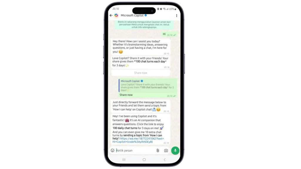 Langkah 3. Mulai Percakapan dengan Copilot Cara Menambahkan Copilot di WhatsApp_ mulai percakapan