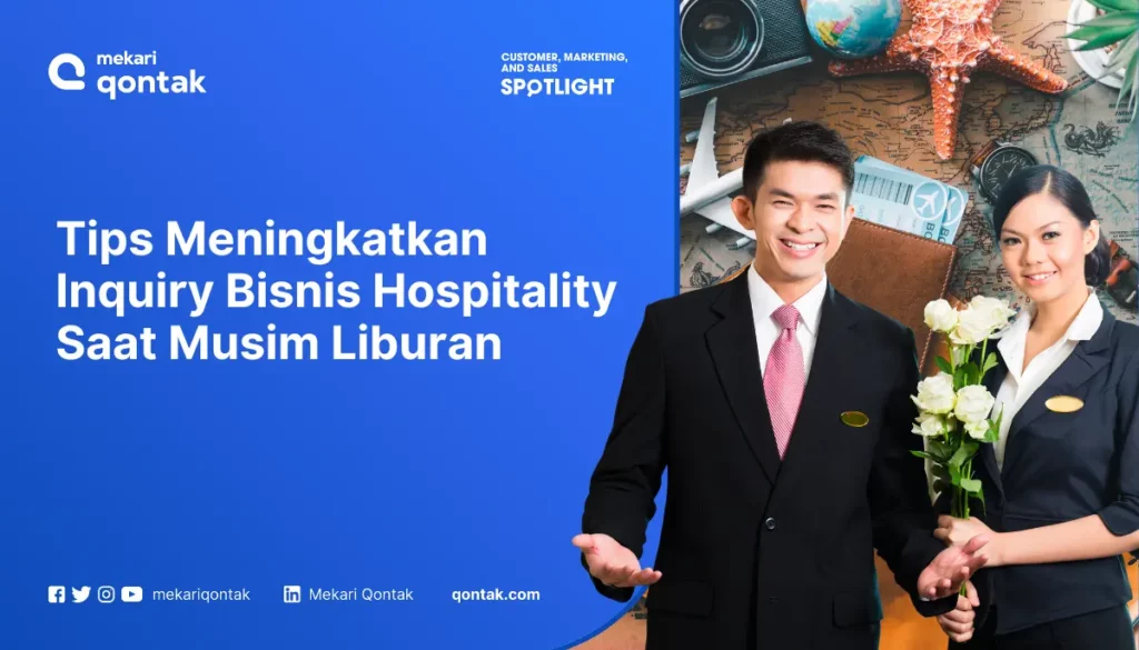 Tips Meningkatkan Inquiry Bisnis Hospitality Saat Musim Liburan Dua individu berpakaian formal berdiri di depan latar belakang peta dan objek wisata, memperlihatkan tips untuk meningkatkan permintaan di sektor perhotelan.