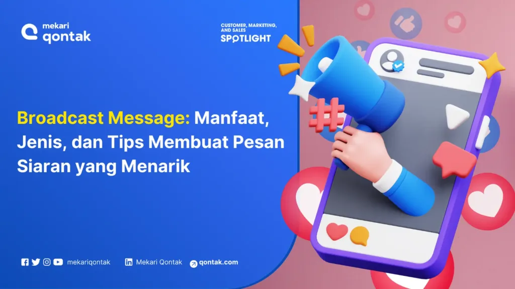 broadcast-message-manfaat-jenis-dan-tips-membuat-pesan-siaran-yang-menarik Sebuah megafon biru muncul dari layar ponsel, menandakan penyebaran pesan siaran yang menarik. Latar belakang berwarna biru dengan ikon media sosial menambah nuansa digital.