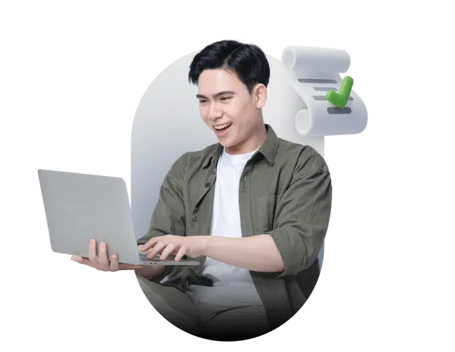 Seorang individu mengetik di laptop, terlihat fokus pada layar, dengan catatan bergulir dan centang, menandakan tugas yang sedang dikerjakan.