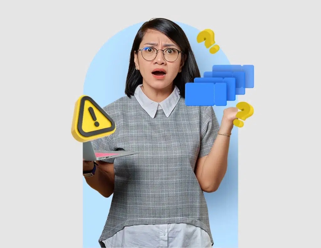 Seorang wanita memegang laptop dengan ekspresi bingung, dikelilingi simbol peringatan dan tanya, menciptakan suasana kebingungan dalam konteks kerja.