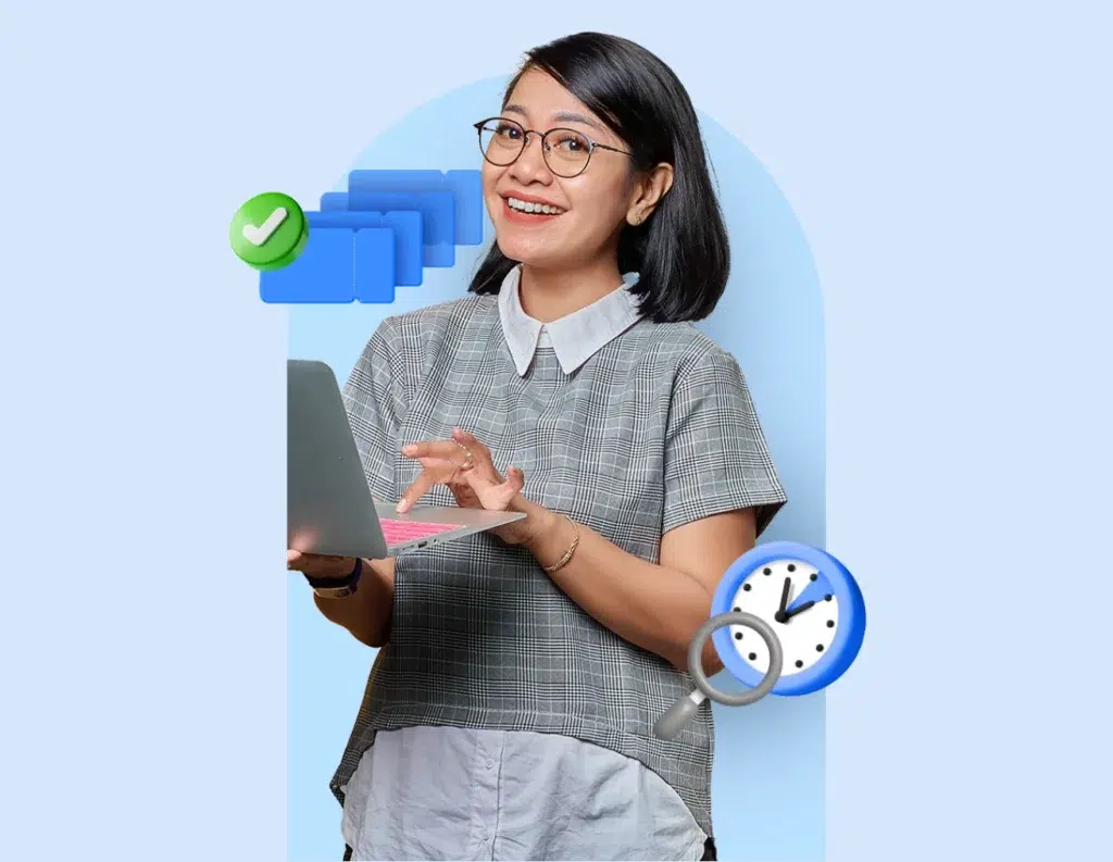 Sebuah laptop digunakan untuk bekerja, sambil dikelilingi oleh simbol-simbol yang merepresentasikan ceklis dan pengatur waktu, di tengah latar belakang biru.