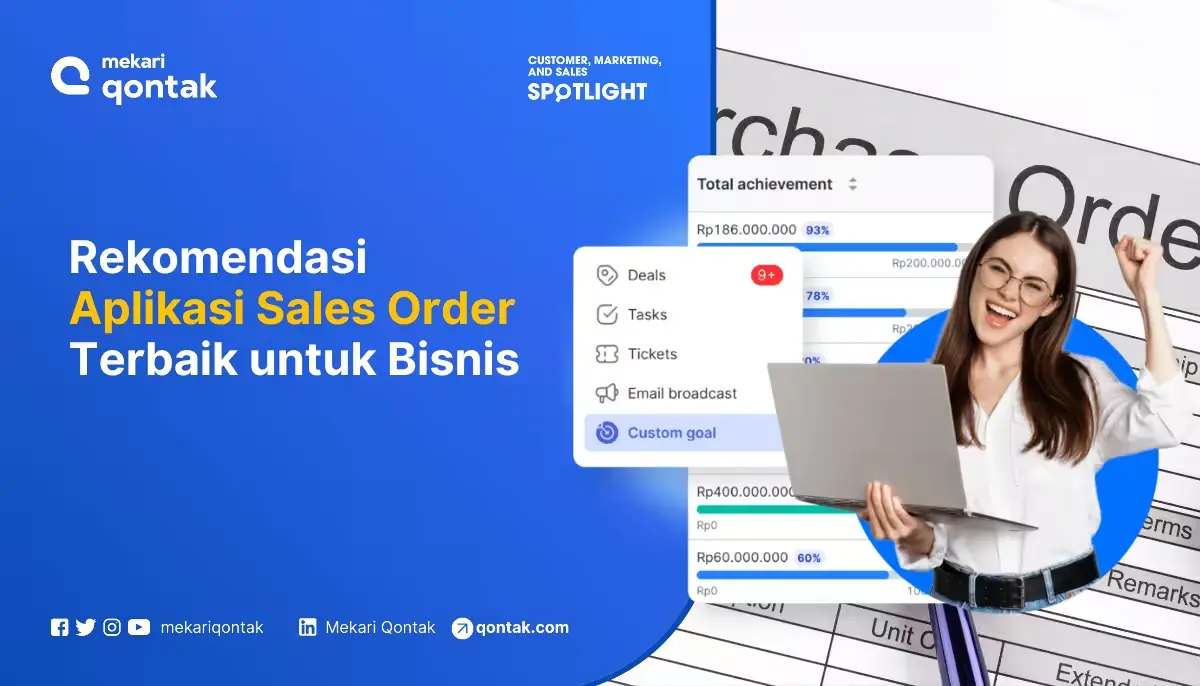 Rekomendasi aplikasi untuk manajemen Sales Order ditampilkan dengan grafik pencapaian. Latar belakang menyediakan konteks bisnis yang profesional.