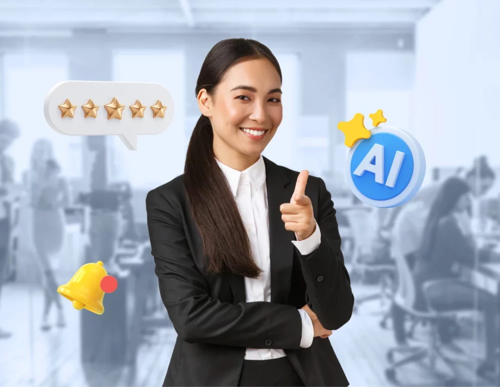 Seorang profesional berpakaian jas menunjuk dengan percaya diri, dikelilingi simbol bintang, AI, dan lonceng, menggambarkan suasana kerja yang modern dan produktif.