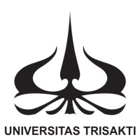 Logo Universitas Trisakti menampilkan desain abstrak dengan simbol tajam di tengah dan elemen melingkar, mencerminkan identitas akademis institusi.