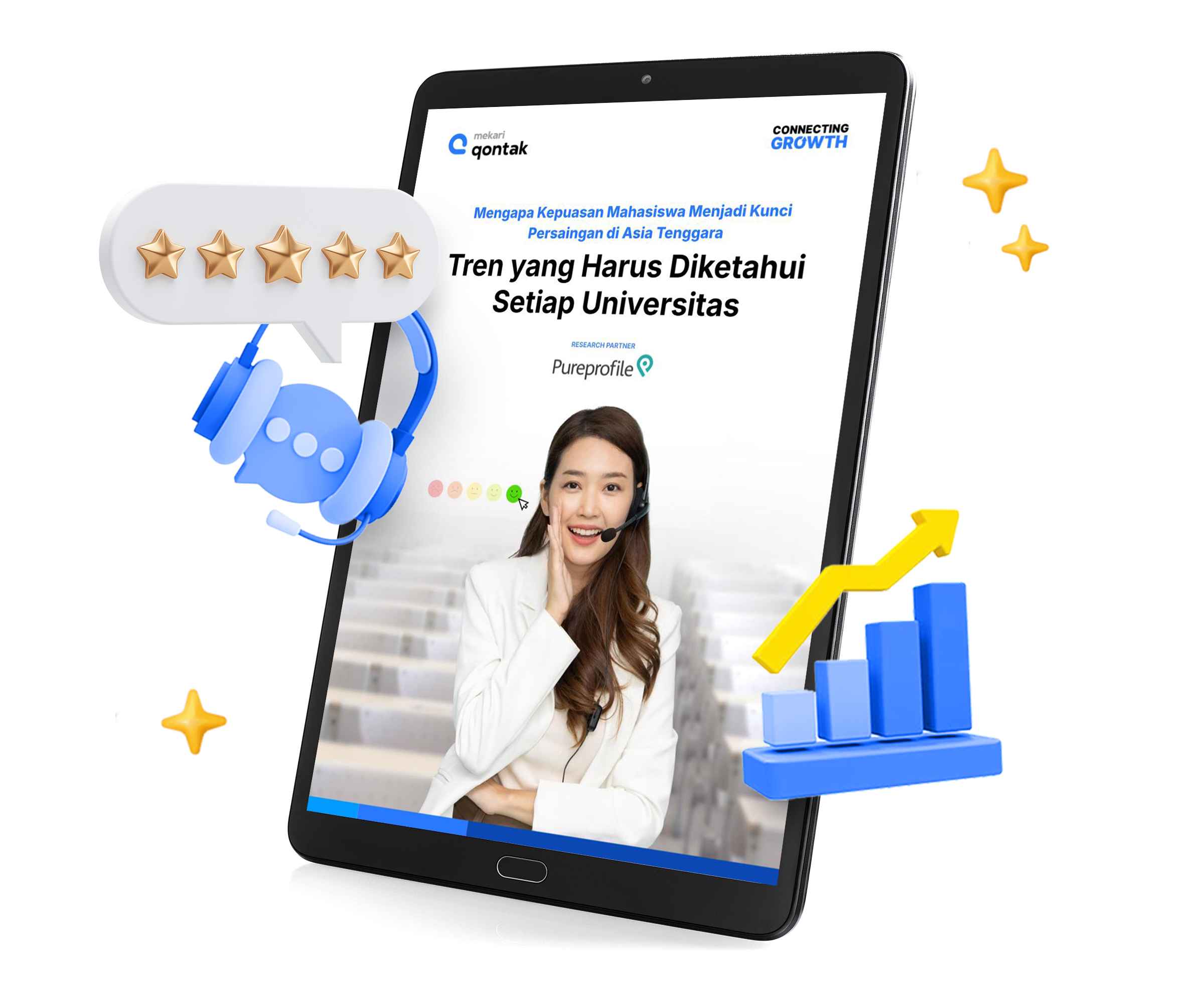 Tablet menampilkan laporan tentang kepuasan mahasiswa dengan grafik pertumbuhan, dikelilingi ikon komunikasi dan bintang penilaian, menunjukkan fokus pada pendidikan.