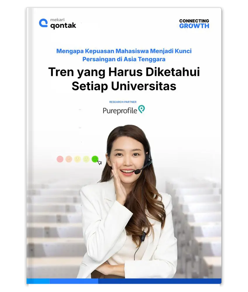 Sebuah buku laporan menyajikan tren kepuasan mahasiswa sebagai kunci dalam persaingan universitas di Asia Tenggara. Ada elemen interaksi dengan emotikon di bagian bawah.