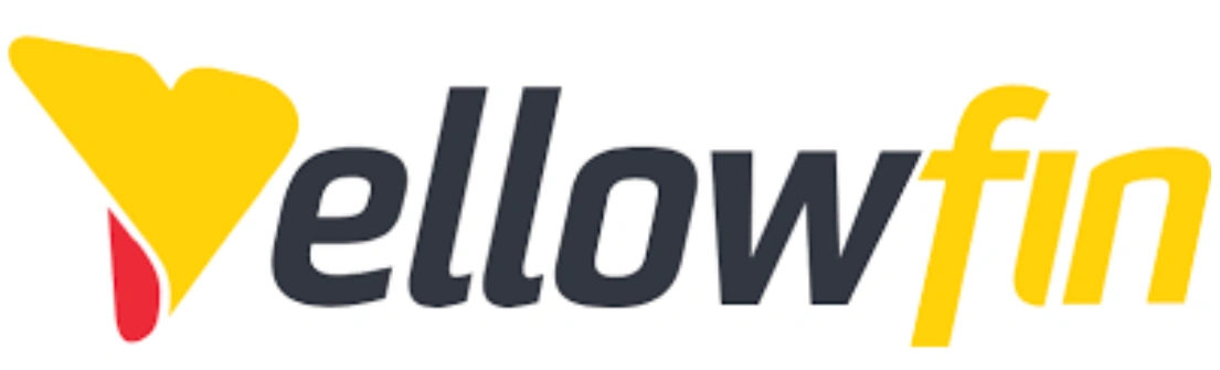 Logo berwarna kuning dan hitam dengan tulisan "yellowfin" menggambarkan identitas merek. Desain yang sederhana menunjukkan fokus pada analisis data.