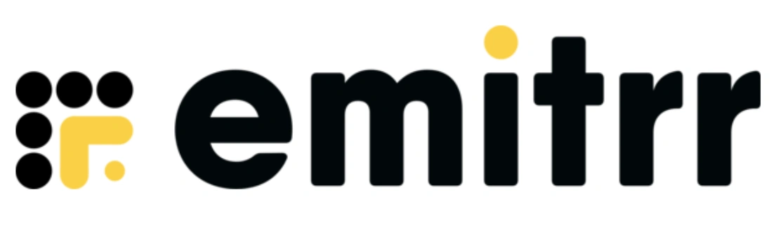 Logo dengan teks "emitr" menonjolkan kombinasi warna hitam dan kuning, menciptakan identitas visual yang modern dan sederhana, menggambarkan innovasi.