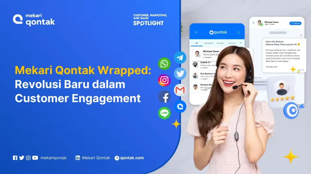 mekari-qontak-wrapped-revolusi-baru-dalam-customer-engagement Mekari Qontak menawarkan solusi inovatif untuk engagement pelanggan, menampilkan antarmuka interaktif dengan pesan dari pengguna dan ikon media sosial.