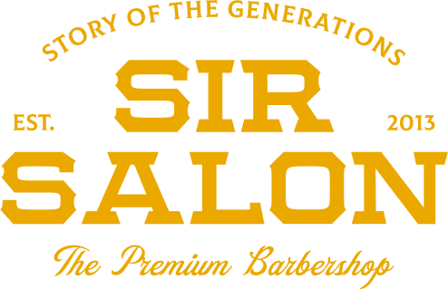 Logo Sir Salon menonjol dengan tulisan tebal dan elegan. Menyampaikan jasa barbershop premium yang telah berdiri sejak 2013, menonjolkan tradisi dan kualitas.
