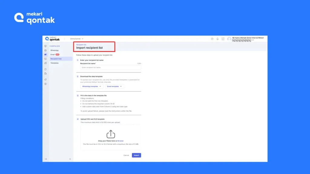 Contact/Recipient Upload Page Interface Broadcast Recipient/Contact List Upload Page