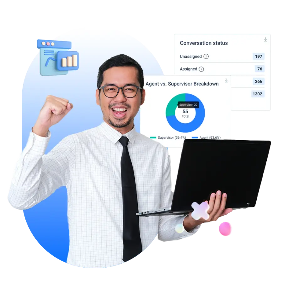 Seorang profesional dengan laptop di tangan menunjukkan sikap kemenangan, sementara grafik dan statistik percakapan mendukung konteks keberhasilan dalam manajemen tim.