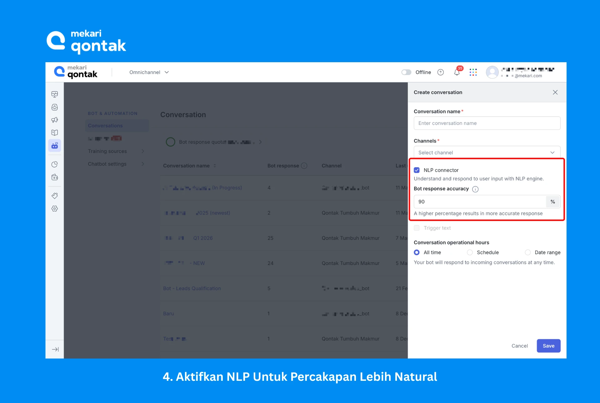 aktifkan nlp bot whatsapp mekari qontak