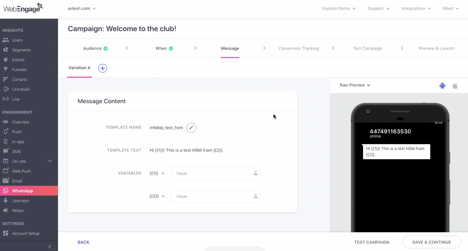 WebEngage WhatsApp Blast Software – Send Message Dashboard