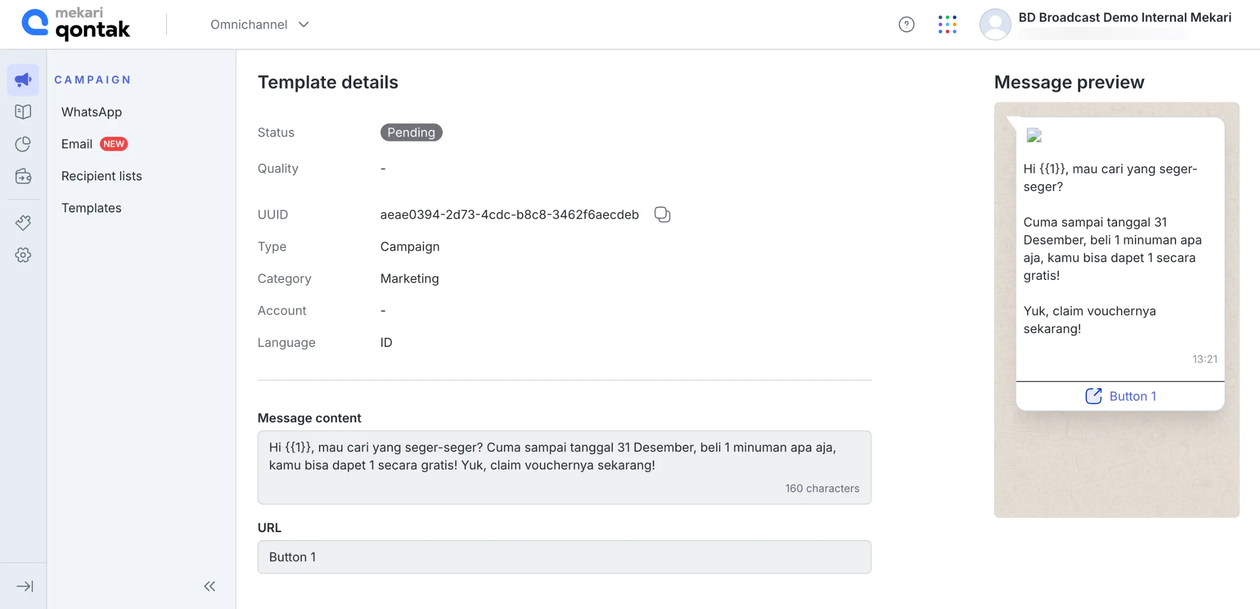 Mekari Qontak WhatsApp Blast Message Template Dashboard