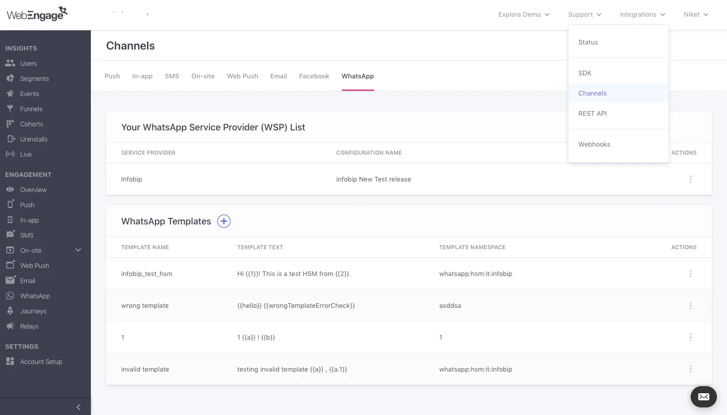 WebEngage WhatsApp Blast Software – Message Template Dashboard