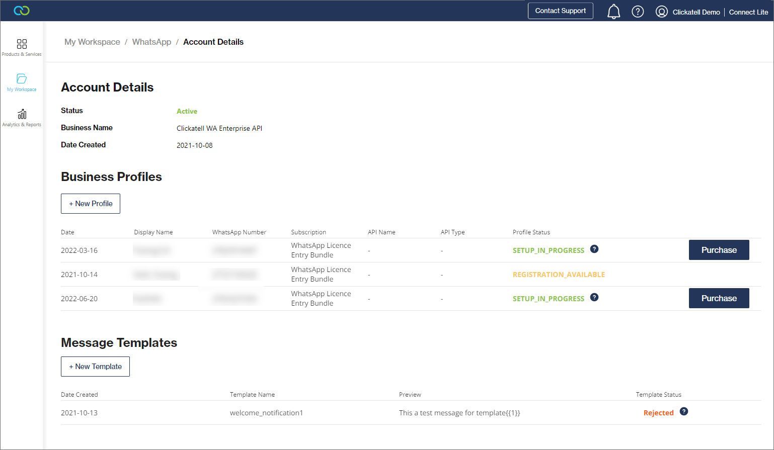 Clickatell WhatsApp Blast Software Dashboard