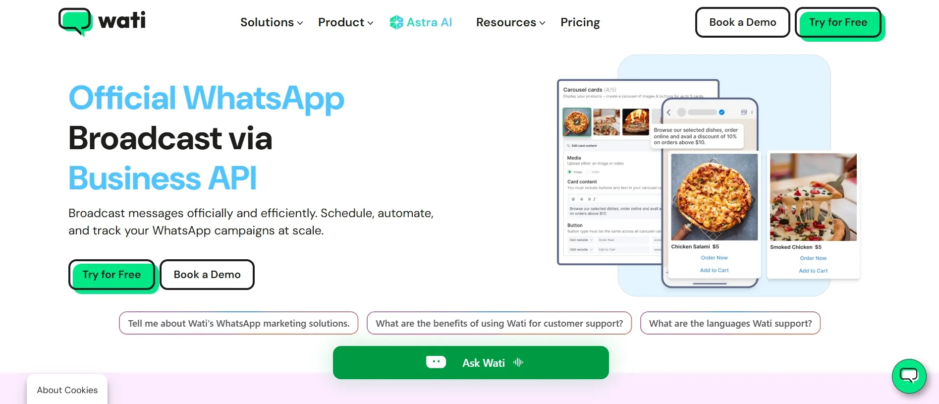 Wati.io WhatsApp Blast Software Broadcast Feature Page