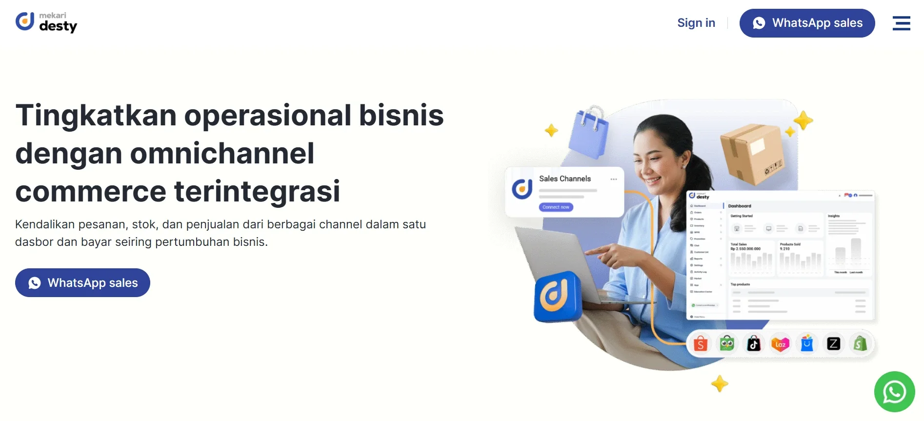 Halaman Homepage Platform Omnichannel Marketplace Mekari Desty