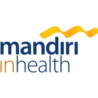 Logo Mandiri Inhealth menonjolkan nama perusahaan dengan huruf biru dan oranye, dilengkapi dengan garis gelombang kuning, mencerminkan layanan kesehatan yang inovatif.
