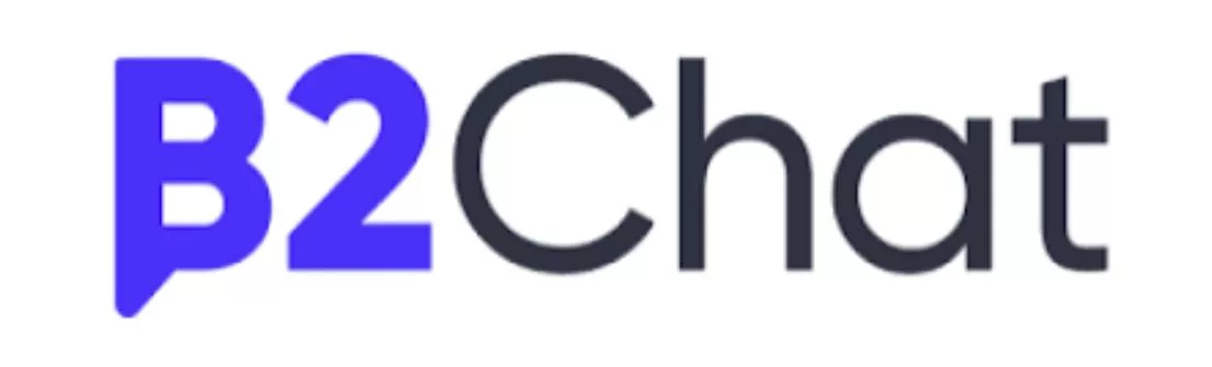 Logo B2Chat menampilkan teks dengan kombinasi warna biru dan hitam, mencerminkan identitas merek dalam konteks komunikasi digital dan layanan pelanggan.