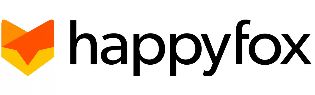 Logo berwarna oranye dan kuning berbentuk wajah rubah menyatu dengan teks "happyfox" yang menunjukkan identitas merek solusi layanan pelanggan yang inovatif.