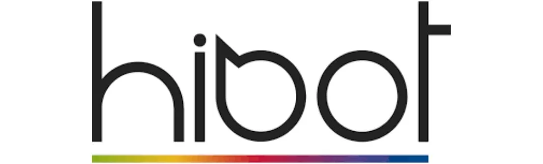Logo "hibot" berwarna hitam dengan desain minimalis, menggabungkan huruf dan elemen grafis, dikelilingi oleh garis berwarna merah, hijau, dan biru, mencerminkan inovasi.