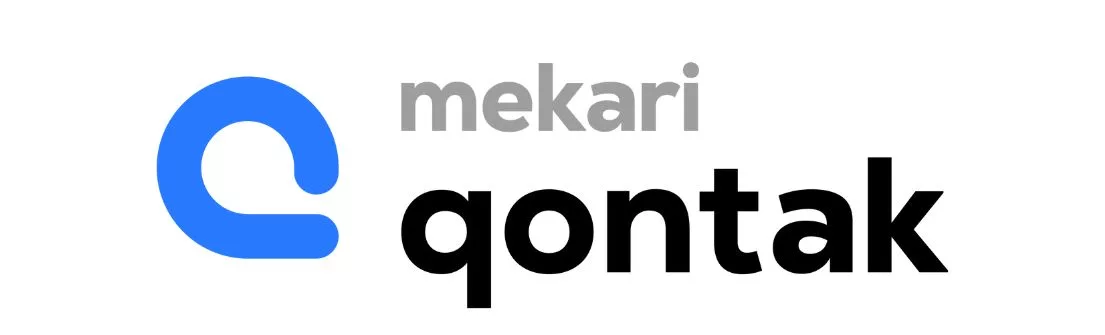 Logo berwarna biru dan hitam menampilkan nama "mekari qontak," merepresentasikan layanan teknologi komunikasi untuk bisnis di Indonesia.