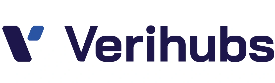 Logo Verihubs menampilkan huruf "V" yang dinamis, berwarna biru dan hitam, menunjukkan identitas perusahaan yang bergerak dalam teknologi verifikasi di lingkungan digital.