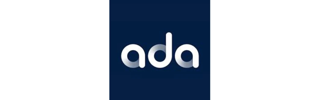 Logo yang bergaya modern ini menampilkan kata "ada" dengan huruf rendah, berwarna putih di atas latar belakang biru gelap, mengekspresikan kesederhanaan dan inovasi.