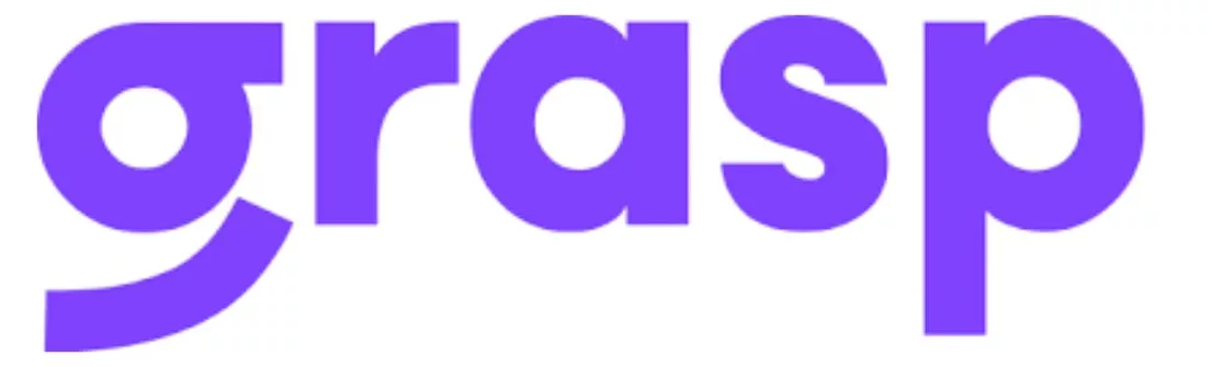Teks berwarna ungu "grasp" menonjol di latar belakang putih, menciptakan kesan modern dan bersih, digunakan untuk branding atau identitas visual.